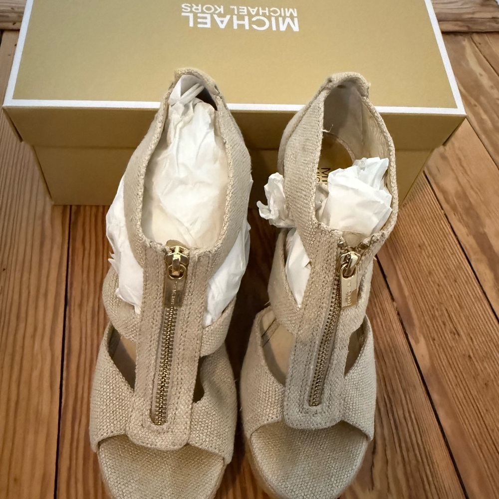 Michael Kors Cream Wedge Heels with Modern Straps